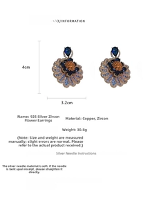 Detailed view of zircon flower earrings showing 4cm size dimensions and product weight