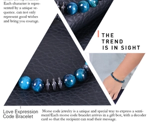Detailed macro view of Morse code bracelet featuring blue tiger eye beads on leather