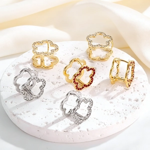 Elegant geometric petal-shaped stainless steel earrings with white and red zircon stones
