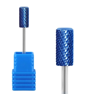 Blue coated nail drill bit with cross-cut texture and protective plastic base