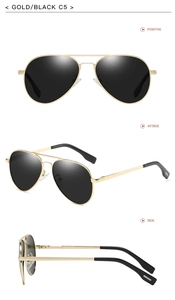Three-view layout of gold metal pilot sunglasses with black lenses from various angles