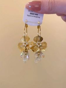 Detailed close-up of golden flower earrings with zircon stones and crystal drops