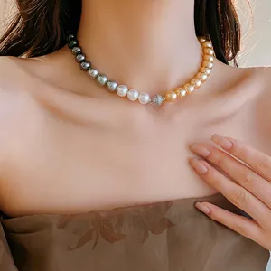 French vintage three-color gradient pearl necklace with a shimmering pavé crystal focal bead