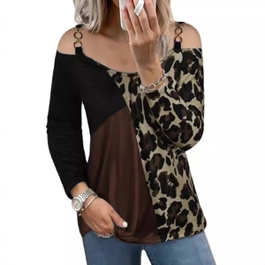 Women's leopard patchwork off-shoulder long sleeve T-shirt with metal ring shoulder straps