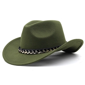 Olive green wool cowboy hat with wide brim and decorative metal chain on white background