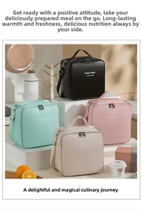 Detail view of thickened PU lunch bags in black, green, pink, and cream with straps
