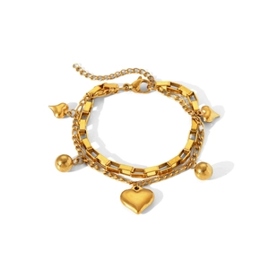 Bracelet double rang en acier inoxydable doré 18k avec breloques cœur et billes