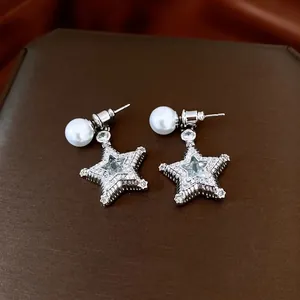 Star pearl drop earrings with sparkling zircon inlay in silver-tone minimalist fashion style