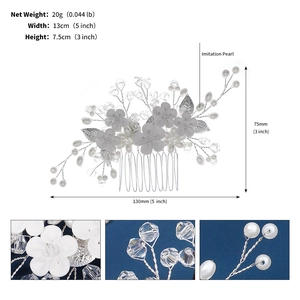 Detailed specs of bridal hair comb showing 13cm width and imitation pearl craft