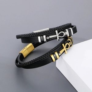 Men's multilayer braided leather bracelet with stainless steel cross and magnetic clasp