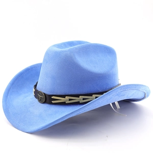 Detail of light blue faux suede cowboy hat with bronze bull head metal buckle decoration
