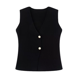 Classic black V-neck knitted vest with dual gold metal buttons on a white background