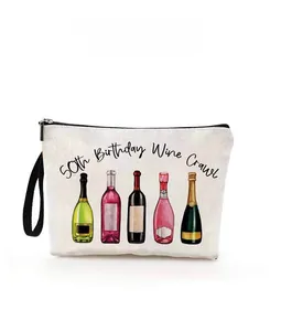 Detail of canvas makeup bag with 50th Birthday Wine Crawl print and sturdy black zipper