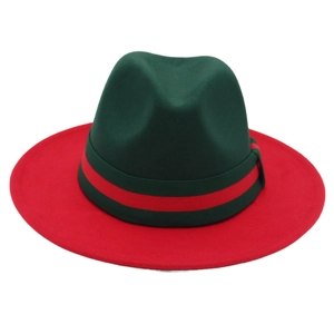 Detailed close-up of wide brim fedora with red green striped web ribbon detail