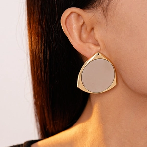 Minimalist gold plated triangular geometric earrings with smooth grey resin inlay for women