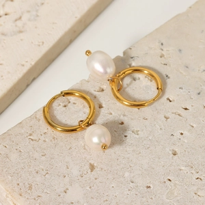 French vintage style titanium hoop earrings with white baroque pearl pendants in gold finish