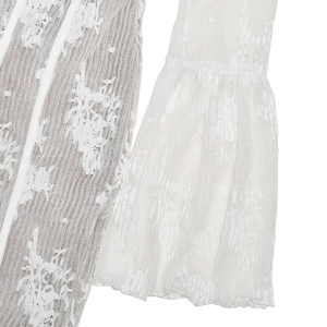 Detailed macro view of delicate white lace fabric with intricate floral patterns and textures