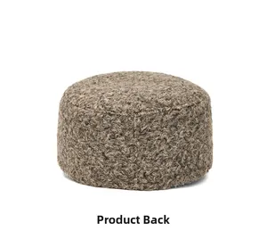 Detailed back view of round textured teddy fleece footstool in brown melange fabric