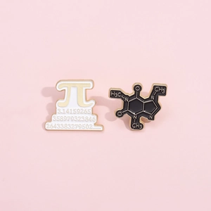 Cartoon Pi symbol and caffeine molecule enamel pins set with gold plating finish
