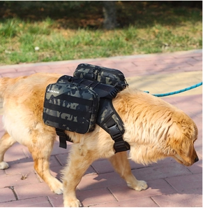 Tactical camo dog harness with detachable side pouches for medium and large dogs