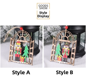 Detail of wooden nutcracker soldier ornaments with Christmas tree and rope hangers