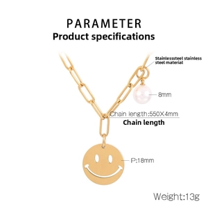 Detail specifications of stainless steel smiley face necklace with paperclip chain and pearl