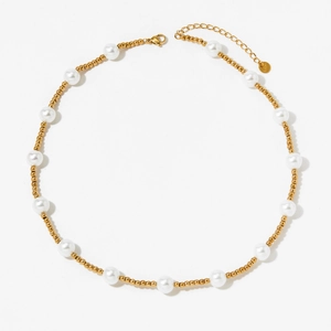 Elegant beaded shell pearl necklace with stainless steel gold accents and lobster clasp