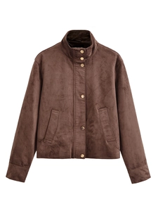 Detail of dark brown suede jacket featuring stand collar and gold metal buttons
