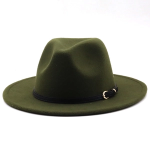 Close-up of olive green wool fedora hat featuring a black leather band and gold buckle