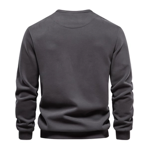 Rear view of a premium dark grey crew neck sweatshirt in heavy cotton blend fabric