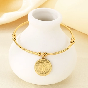 Adjustable 18K gold-plated stainless steel bangle with circular cross and prayer pendant