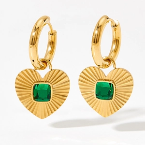 Gold hoop earrings with heart charms and green stone, elegant stainless steel jewelry