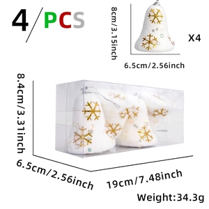 Set of 4 white Christmas foam bell ornaments with gold snowflakes and clear packaging
