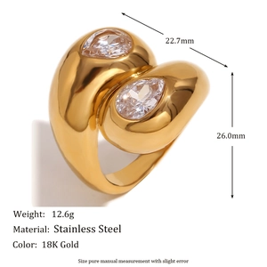 Bague serpent en acier inoxydable doré 18 carats avec doubles zircons poire