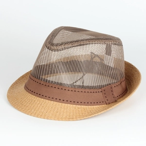Detail of breathable brown mesh crown and light straw brim on a sun hat with ribbon