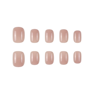 Short square nude pink press-on nails with a glossy finish and natural minimalist design