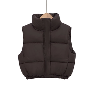 Women's dark brown stand collar padded puffer vest with quilted texture on wooden hanger