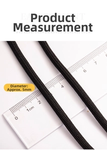 Detailed close-up of 5mm black braided cord with scale measurement for apparel