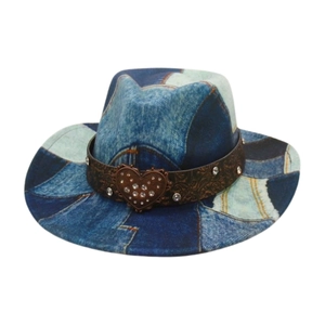 Vintage Denim Patchwork Fedora Hat Western Cowboy Style With Rhinestone Heart Buckle Wide Brim Jazz Cap Women Men