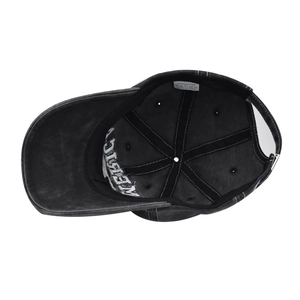 Detail showing the internal construction of 100% cotton washed baseball cap with seams
