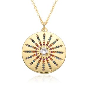 Golden sunburst pendant necklace with colorful zircons and white center stone