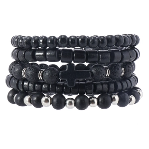 Five-piece black beaded bracelet set for men with cross pendant and volcanic stone beads