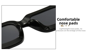 Close-up of comfortable nose pads on black retro sunglasses with a thick square frame