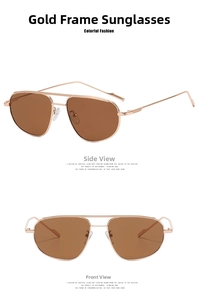 Detailed views of gold metal aviator sunglasses with gradient brown lenses from two angles