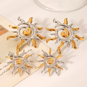 Two-tone sun swirl stud earrings in gold and silver stainless steel, two sizes