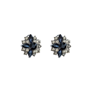 Vintage style floral silver needle earrings with dark blue gemstone and crystals