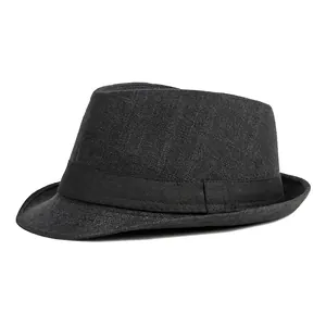 Classic black linen fedora hat with breathable woven texture and decorative wide band
