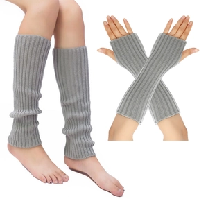 Gray knitted leg warmers and fingerless long arm sleeve set for winter warmth