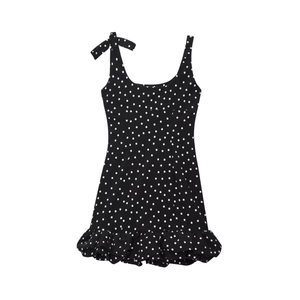 Robe noire à pois sans manches avec col carré et ourlet à volants