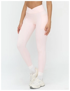 Détail du legging de yoga rose clair à taille croisée haute avec poches latérales
